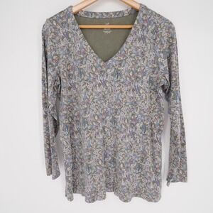 J. Jill Shirt Womens Medium Green Paisley V-Neck Tunic Side-Slit 100% Cotton